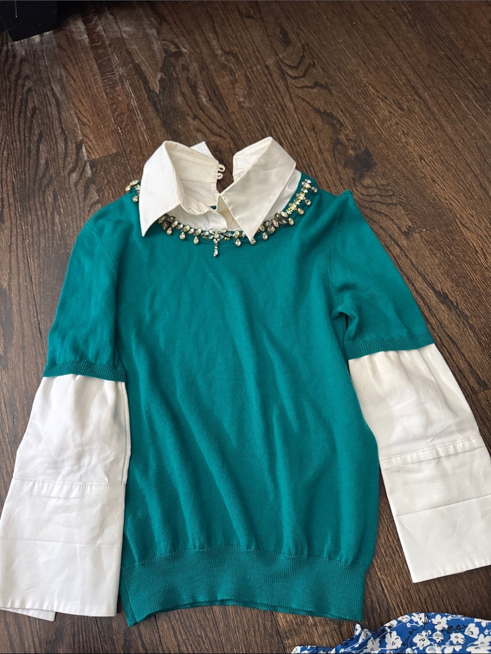 MARY KATRANTZOU Teal Sweater with White Shirt Detail and Jeweled Neckline
